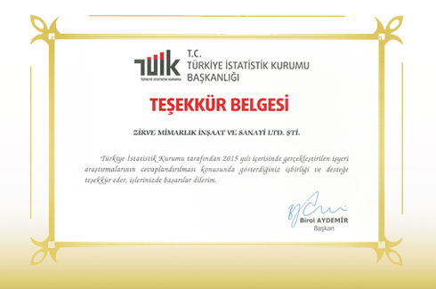 TURKISH STATISTICAL AGENCY CERTIFICATE OF APPRECIATION